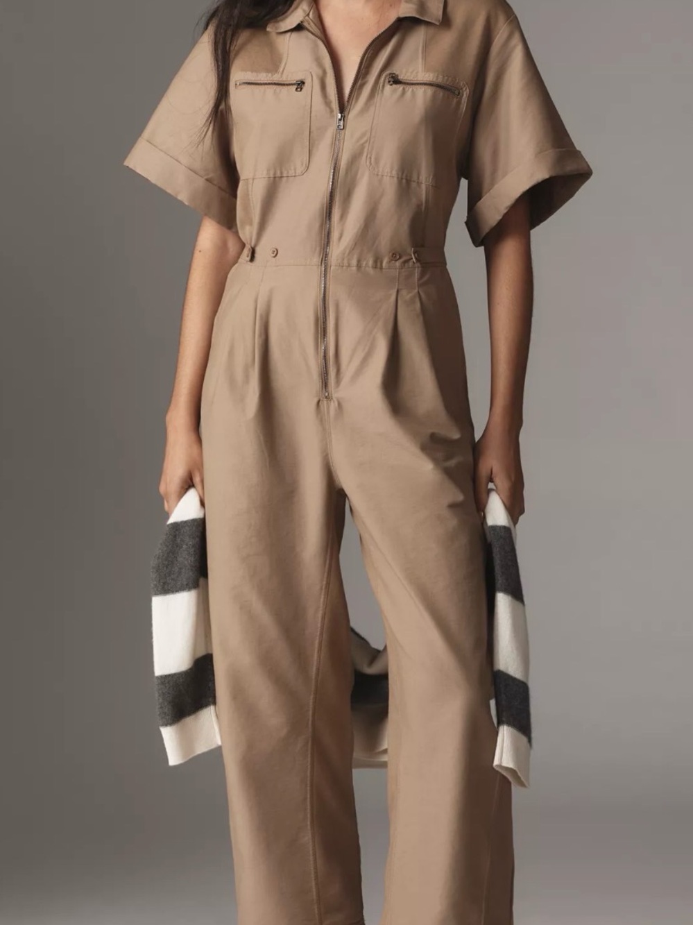 Anthropologie Daily Practice Short-Sleeve Utility Jumpsuit in Beige | M